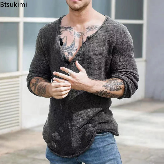 Mens Casual V-Neck Solid Sweater