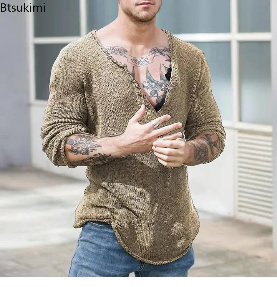 Mens Casual V-Neck Solid Sweater