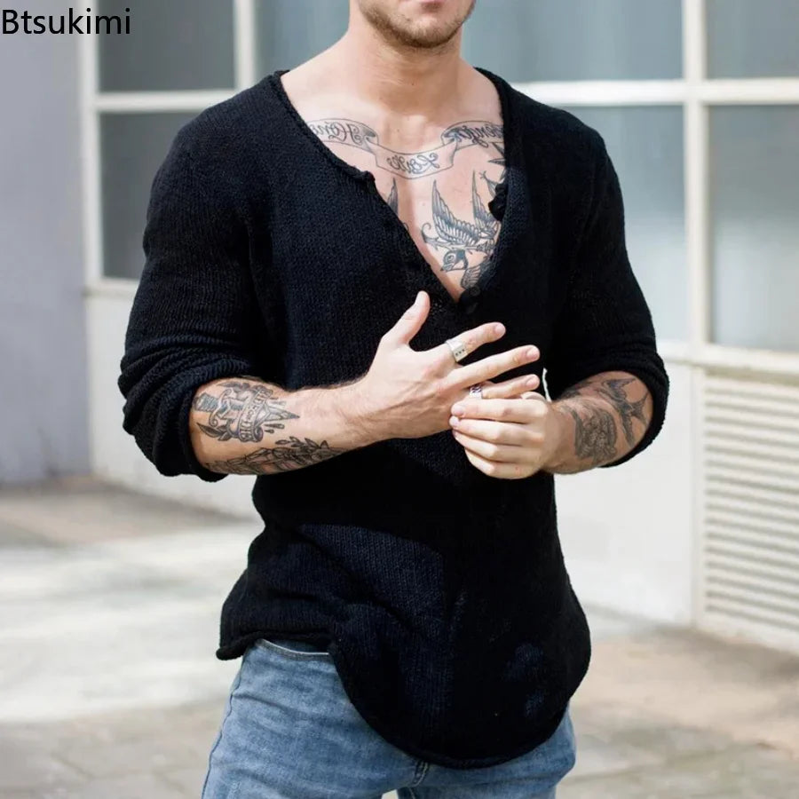 Mens Casual V-Neck Solid Sweater