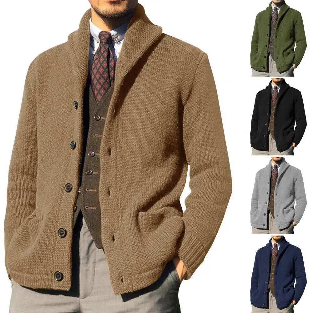 Men Knitted Coat Lapel Long Sleeve with Pockets